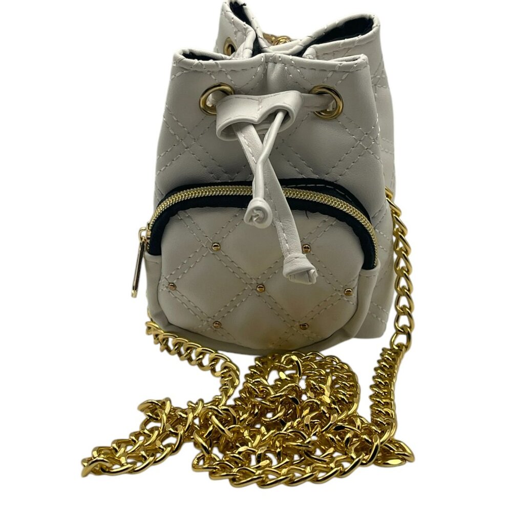 Quilted Mini Drawstring Crossbody Bag in Cream with Gold Chain